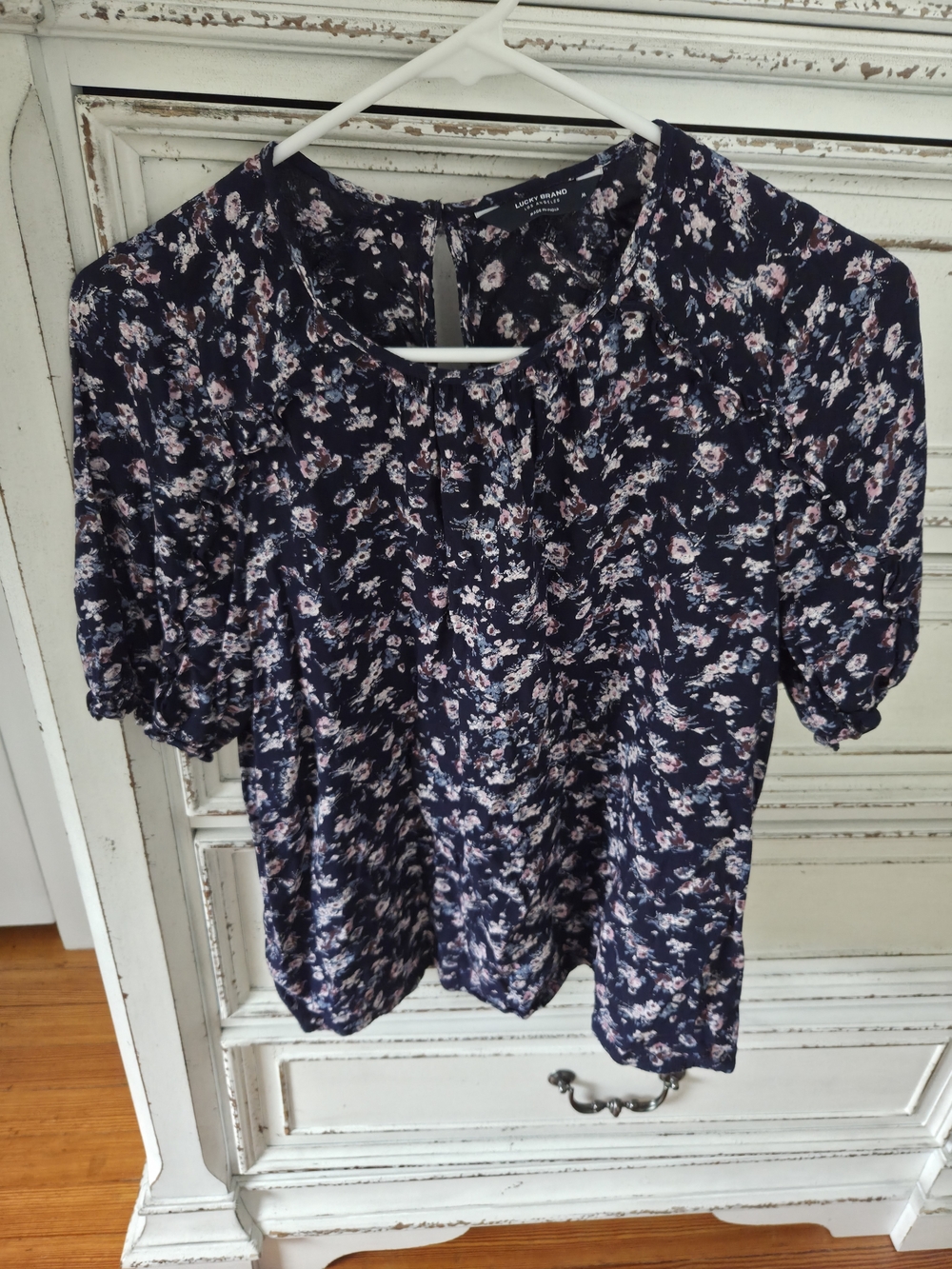 Lucky Brand Navy Floral Short-Sleeve Blouse with Pink Accents